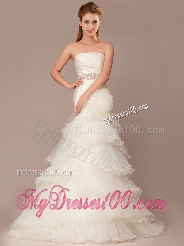 Exquisite Mermaid Beading and Ruffles Layers Wedding Dresses with Brush Train