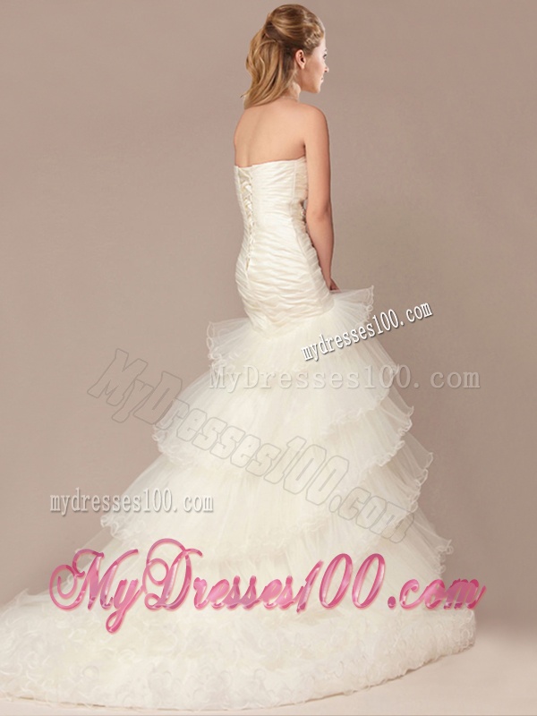 Exquisite Mermaid Beading and Ruffles Layers Wedding Dresses with Brush Train