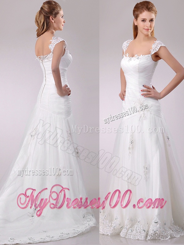 Exquisite Square Tulle Mermaid Brush Train Wedding Dress with Beading