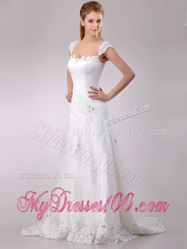 Exquisite Square Tulle Mermaid Brush Train Wedding Dress with Beading