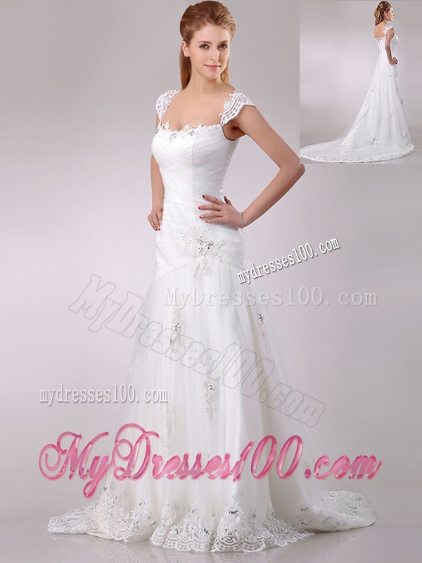 Exquisite Square Tulle Mermaid Brush Train Wedding Dress with Beading