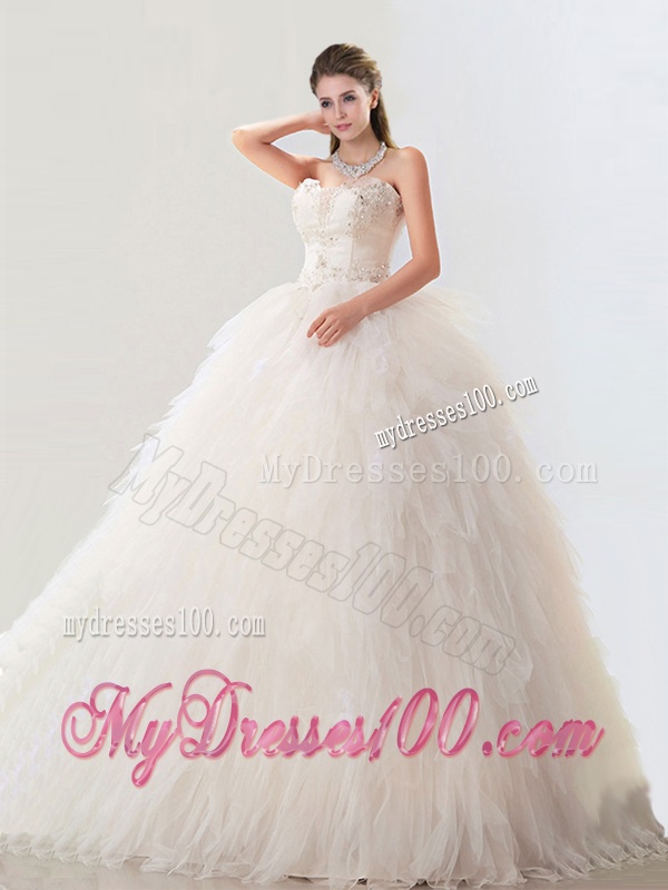 Fashionable Deep V Neckline Wedding Dresses with Beading and Ruffles