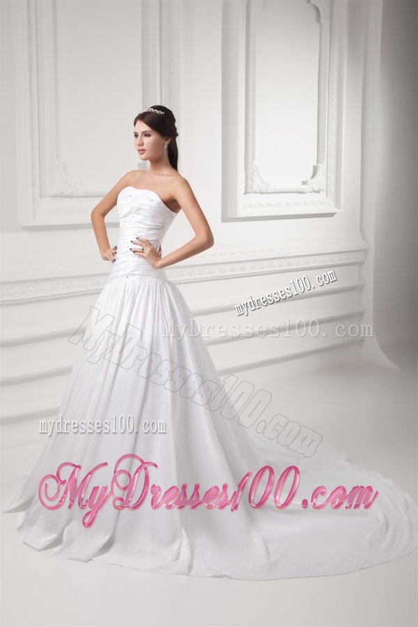 Gorgeous A-line Strapless Chapel Train Wedding Dress with Beading