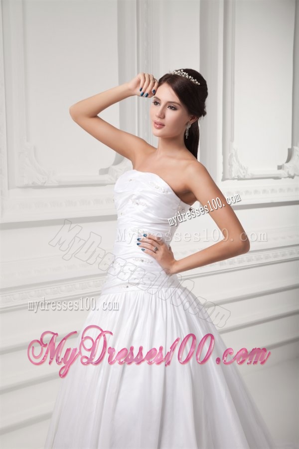 Gorgeous A-line Strapless Chapel Train Wedding Dress with Beading