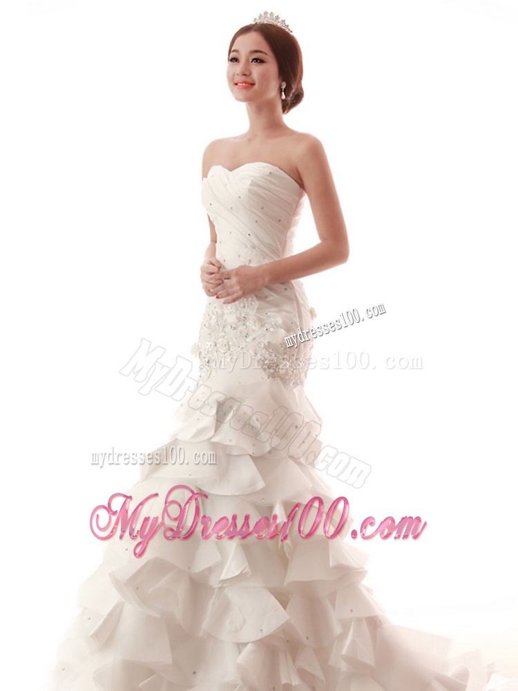 Gorgeous Beading and Ruffles White Wedding Dress with Brush Train