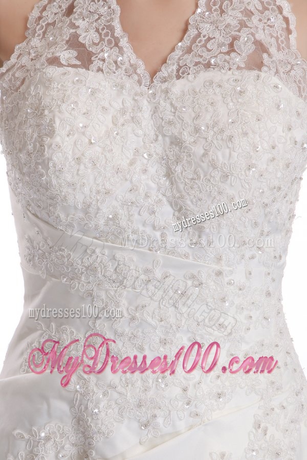 Halter Top Neck Empire Court Train Wedding Dress with Appliques