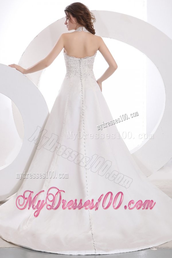 Halter Top Neck Empire Court Train Wedding Dress with Appliques