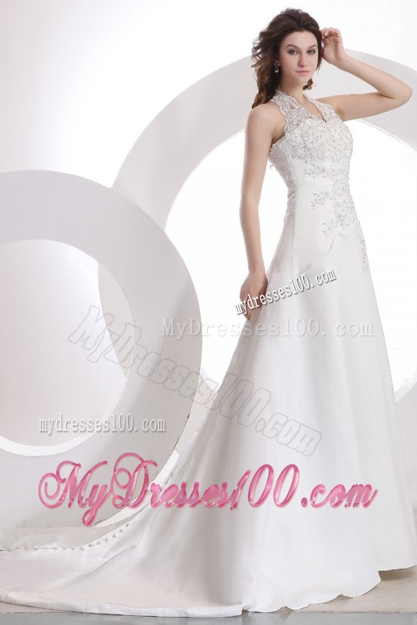 Halter Top Neck Empire Court Train Wedding Dress with Appliques