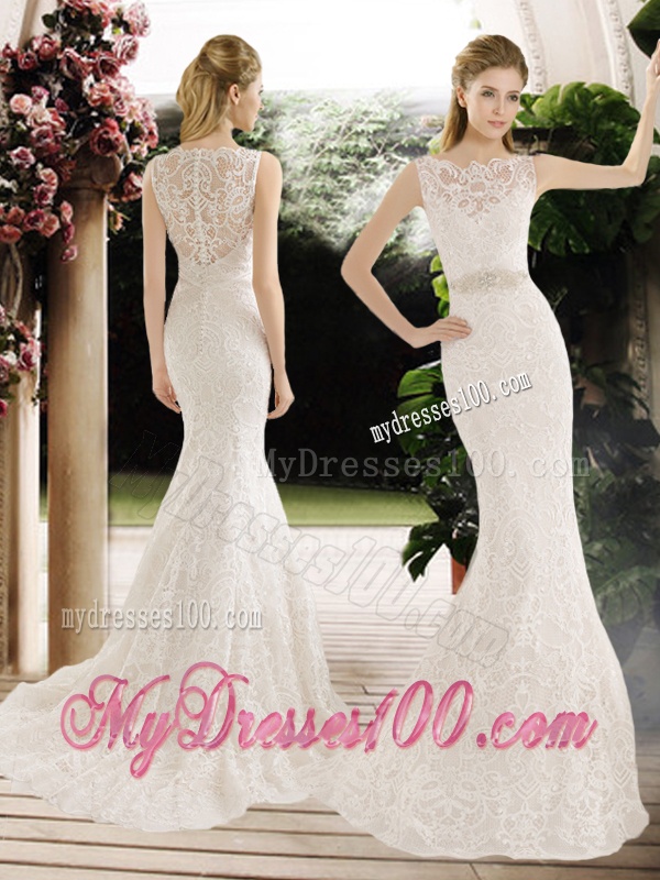 Hot Sale Mermaid Lace and Belt Wedding Dresses with Brush Train