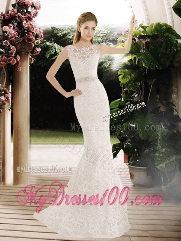 Hot Sale Mermaid Lace and Belt Wedding Dresses with Brush Train