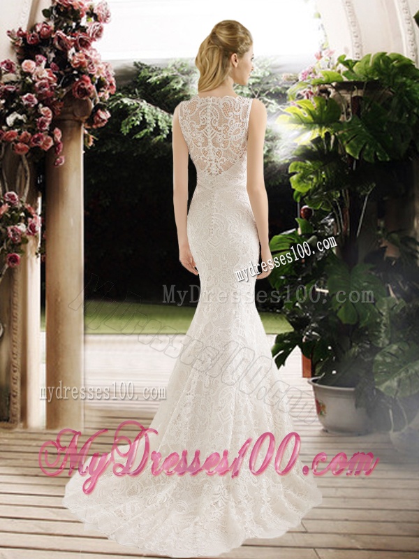 Hot Sale Mermaid Lace and Belt Wedding Dresses with Brush Train
