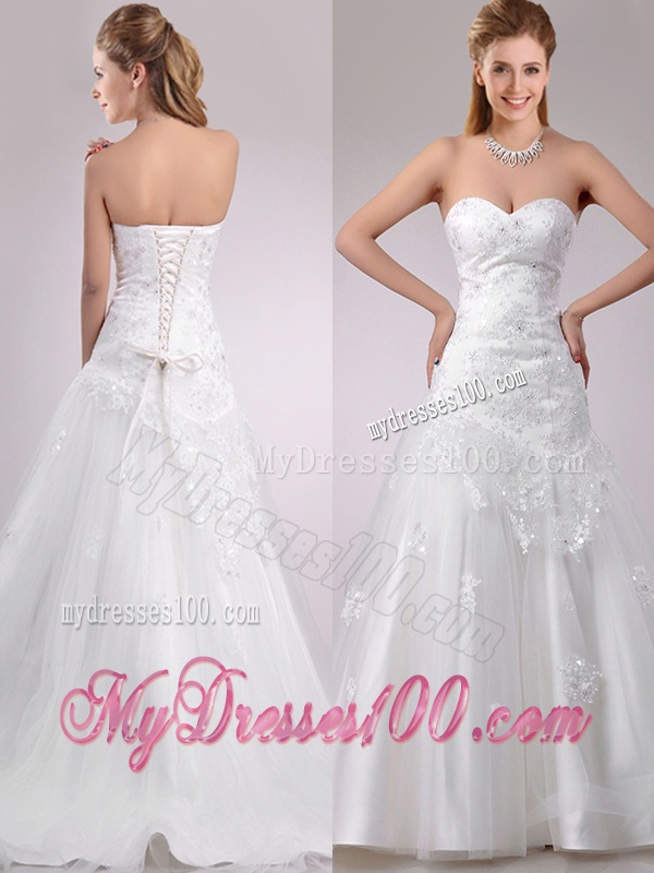 Lovely Be-ribboned Beaded and Applique Wedding Dress with Brush Train