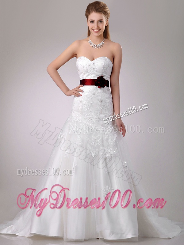 Lovely Be-ribboned Beaded and Applique Wedding Dress with Brush Train