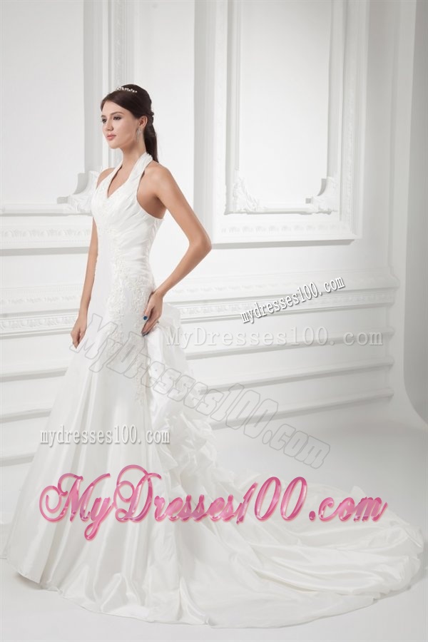 Mermaid Halter Top Appliques Ruching Satin Wedding Dress