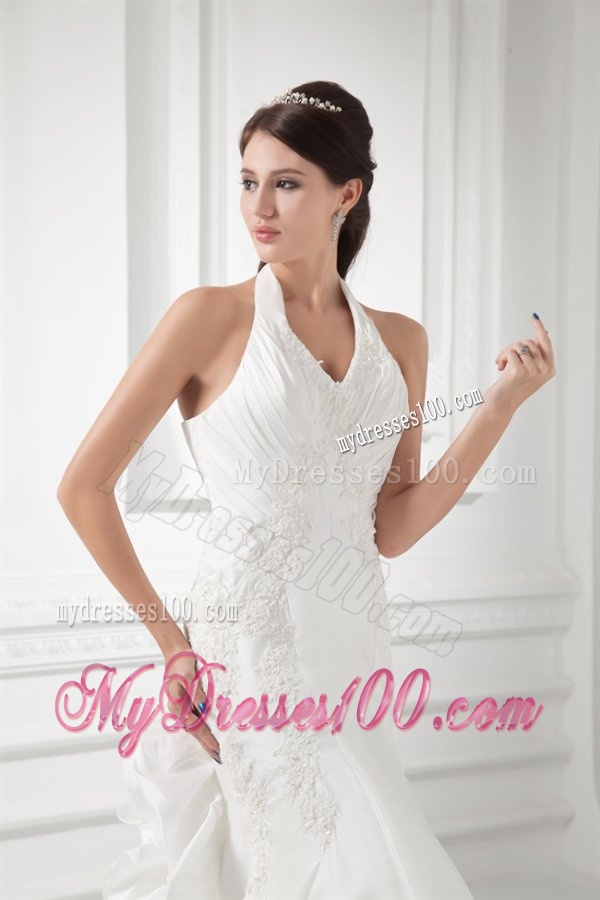 Mermaid Halter Top Appliques Ruching Satin Wedding Dress
