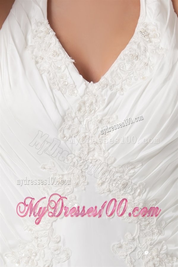 Mermaid Halter Top Appliques Ruching Satin Wedding Dress