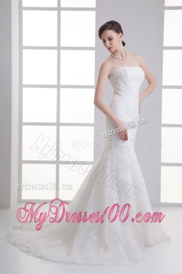 Mermaid Strapless Lace Court Train Organza Wedding Dress