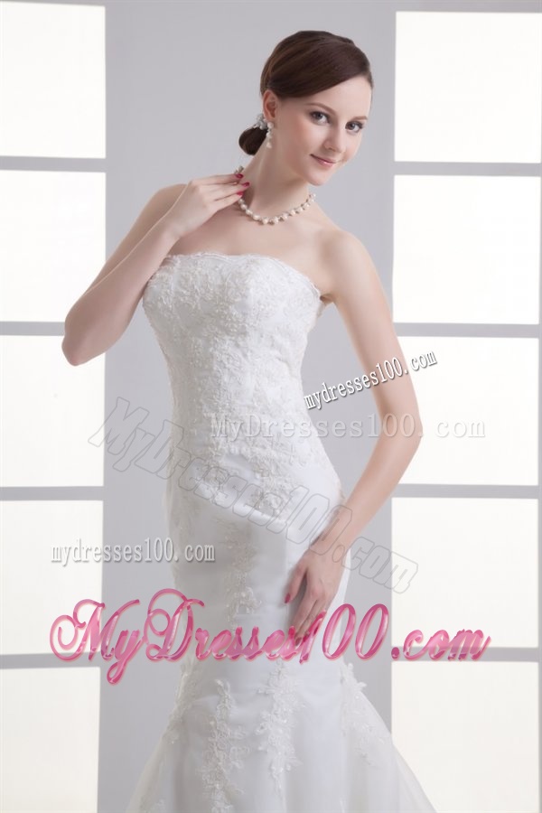 Mermaid Strapless Lace Court Train Organza Wedding Dress