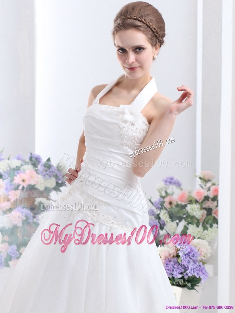 Modest 2016 Halter Top Wedding Dress with Ruching and Hand Made Flowers