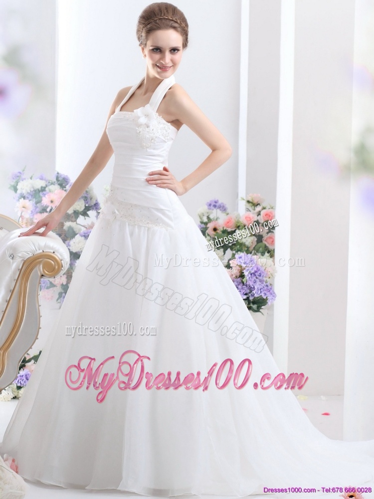 Modest 2016 Halter Top Wedding Dress with Ruching and Hand Made Flowers