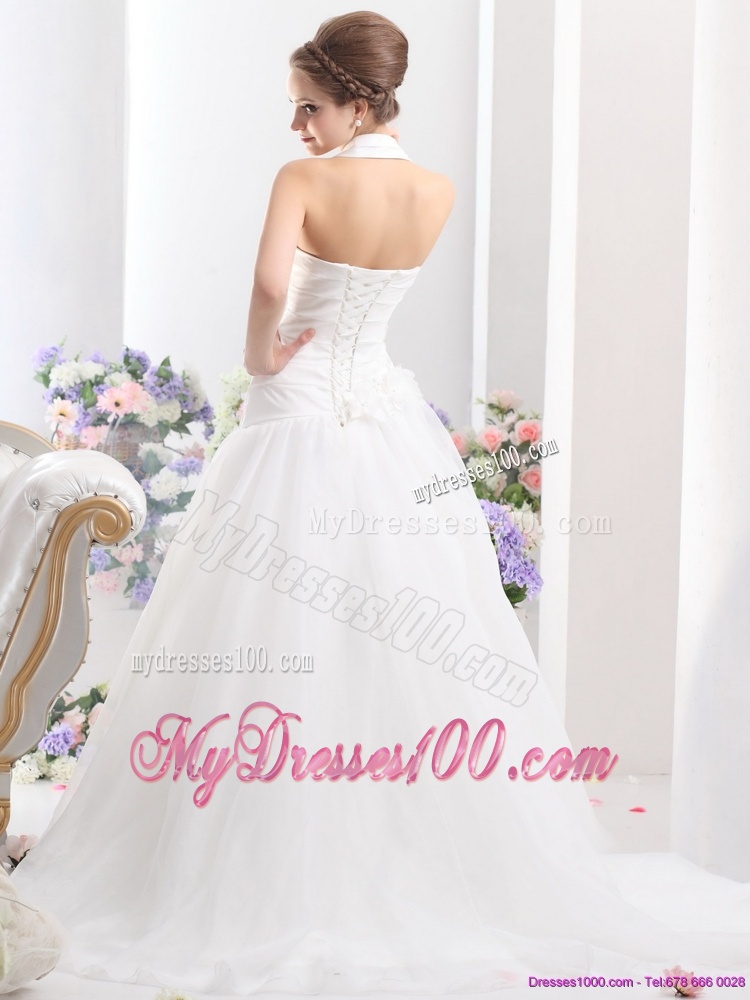 Modest 2016 Halter Top Wedding Dress with Ruching and Hand Made Flowers