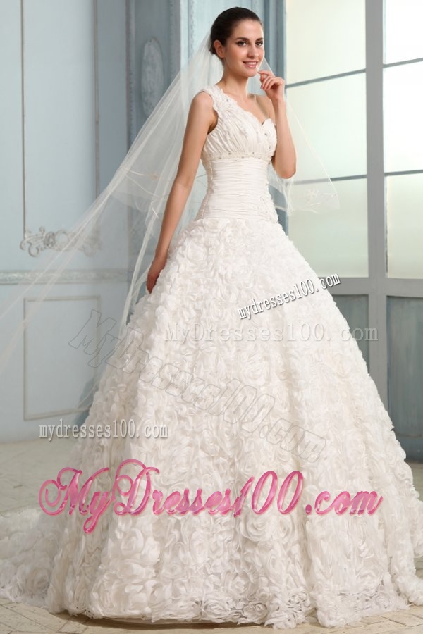 One Shoulder A-line Brush Train Wedding Dress with Beading and Ruffles