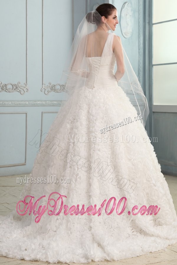 One Shoulder A-line Brush Train Wedding Dress with Beading and Ruffles