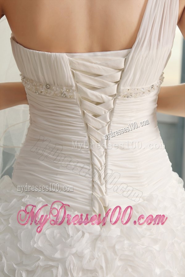 One Shoulder A-line Brush Train Wedding Dress with Beading and Ruffles