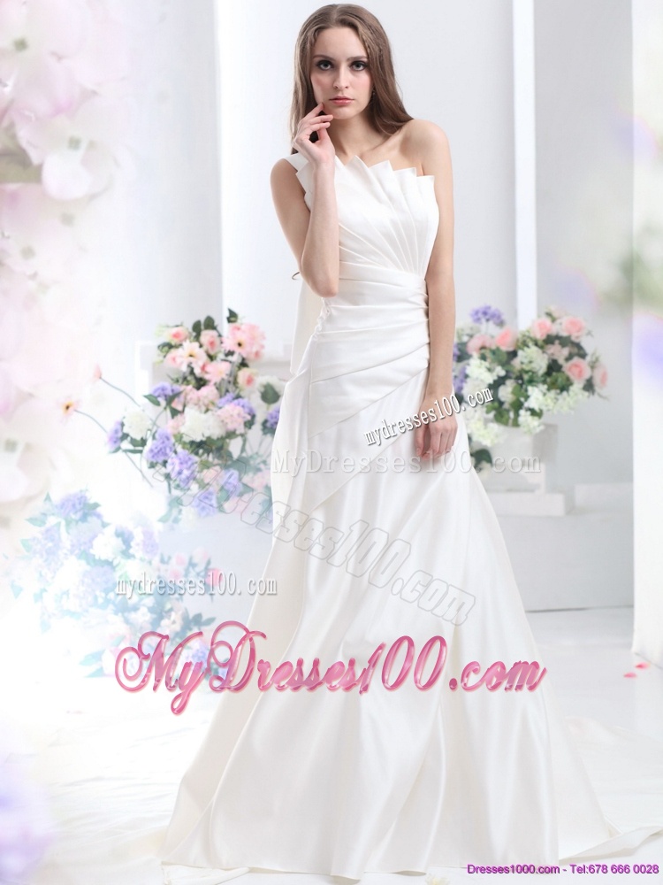 Pleated One Shoulder White Wedding Dresses with Brush Train