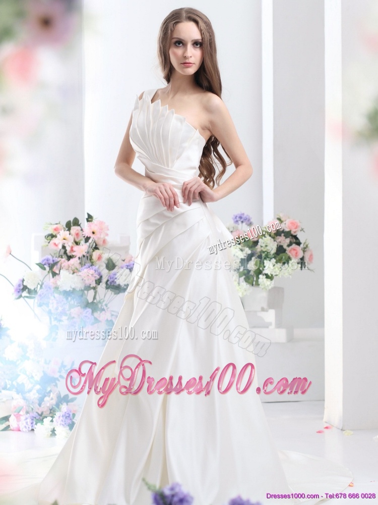 Pleated One Shoulder White Wedding Dresses with Brush Train