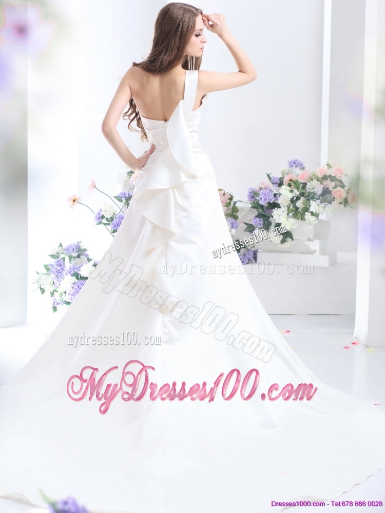 Pleated One Shoulder White Wedding Dresses with Brush Train