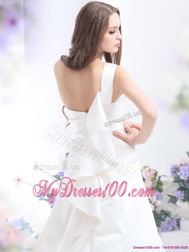 Pleated One Shoulder White Wedding Dresses with Brush Train