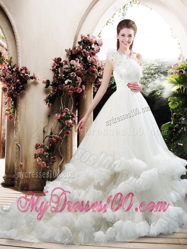 Popular One Shoulder Wedding Dresses with Appliques and Ruffles
