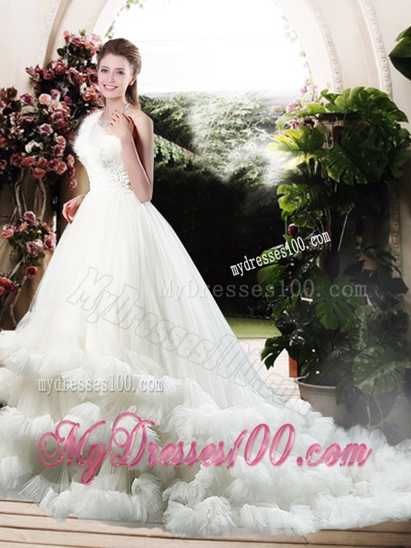 Popular One Shoulder Wedding Dresses with Appliques and Ruffles
