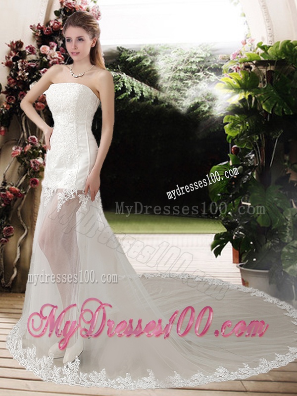 Popular See Through Empire Strapless Appliques Wedding Dresses with Court Train