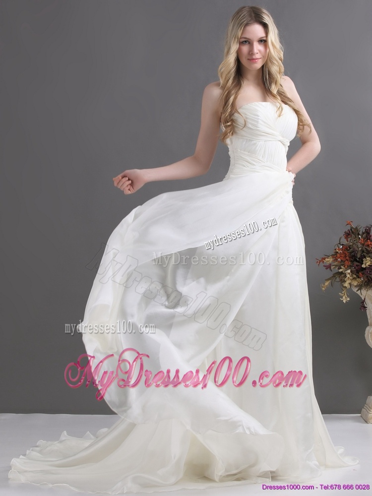 Popular White Strapless Ruching Bridal Gowns with Brush Train