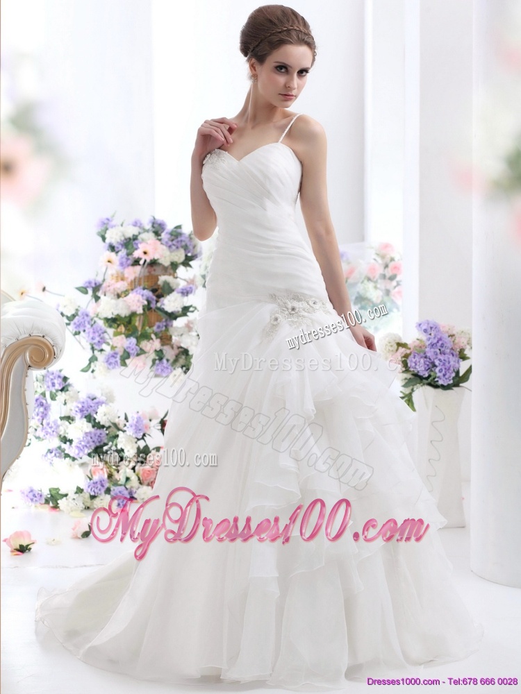 Ruched White Wedding Dresses with Brush Train and Appliques