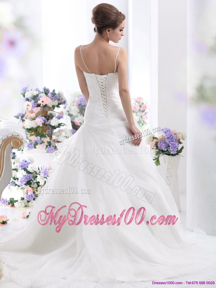 Ruched White Wedding Dresses with Brush Train and Appliques