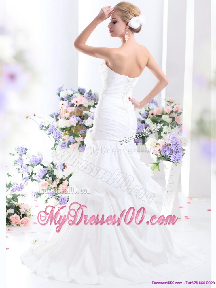 Ruffles Strapless White Bridal Gowns with Hand Made Flower
