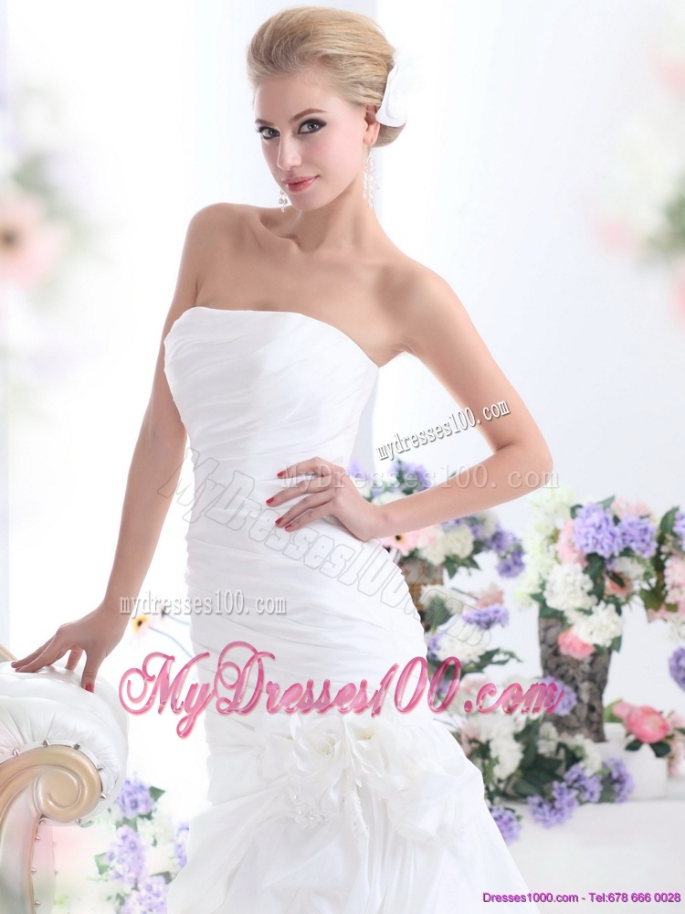 Ruffles Strapless White Bridal Gowns with Hand Made Flower