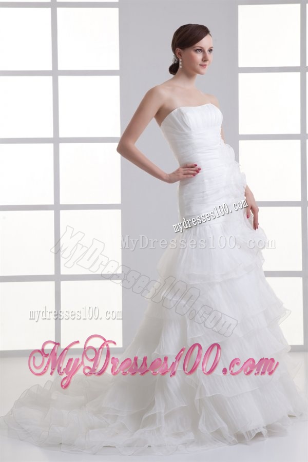 Strapless Hand Made Flowers Ruffled Layers Ruching Court Train Wedding Dress