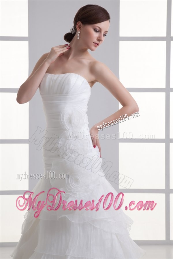 Strapless Hand Made Flowers Ruffled Layers Ruching Court Train Wedding Dress