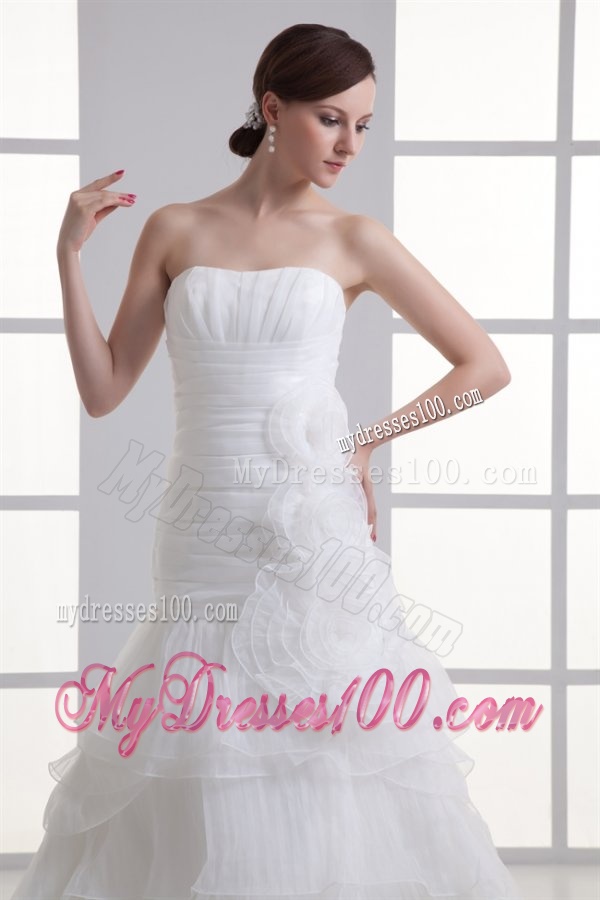 Strapless Hand Made Flowers Ruffled Layers Ruching Court Train Wedding Dress