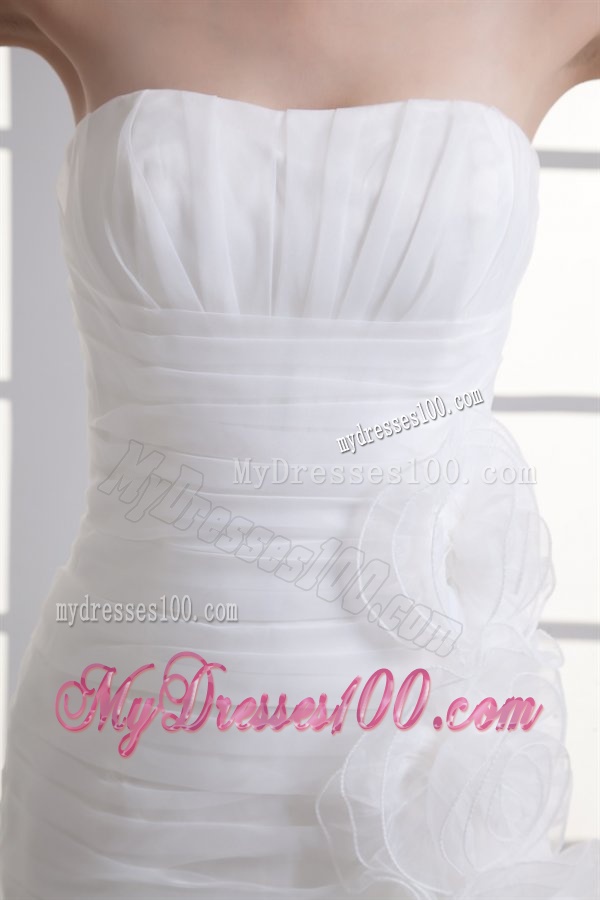 Strapless Hand Made Flowers Ruffled Layers Ruching Court Train Wedding Dress