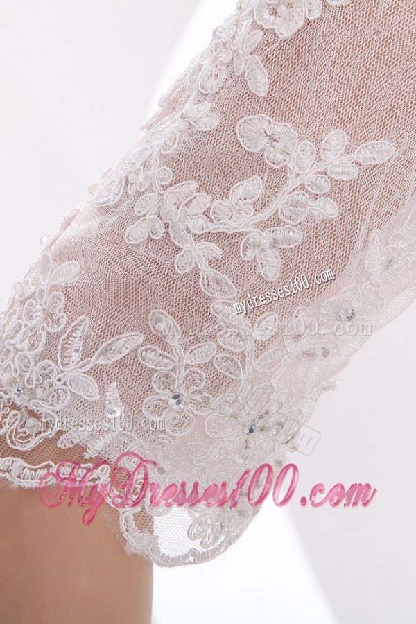 V-neck Column Appliques Long Wedding Dress with Half Sleeves