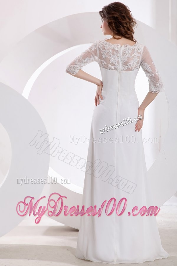V-neck Column Appliques Long Wedding Dress with Half Sleeves