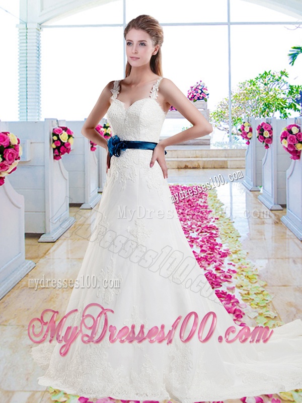Vintage Straps Bridal Gowns with Appliques and Sash