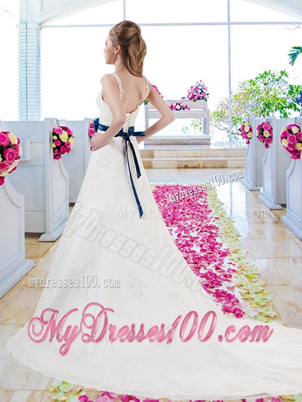 Vintage Straps Bridal Gowns with Appliques and Sash