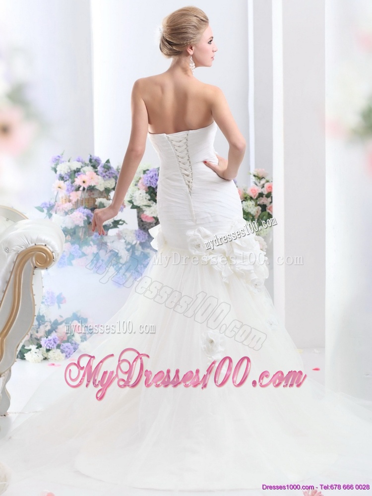 White BrushTrain Strapless Bridal Gowns with Ruching and Hand Made Flowers