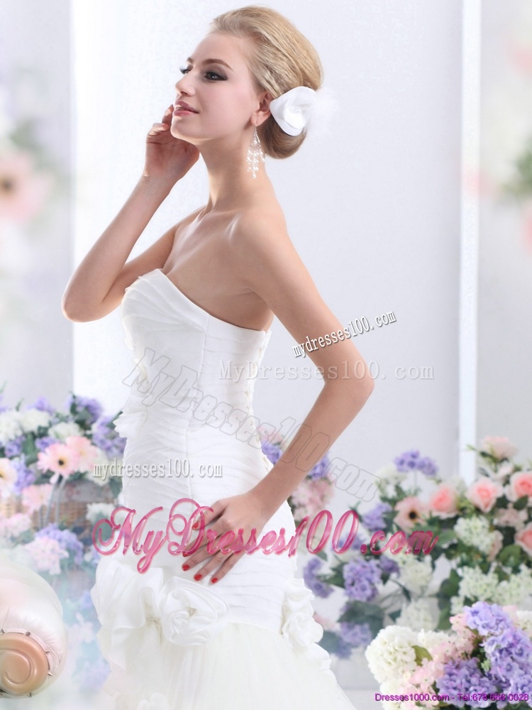 White BrushTrain Strapless Bridal Gowns with Ruching and Hand Made Flowers